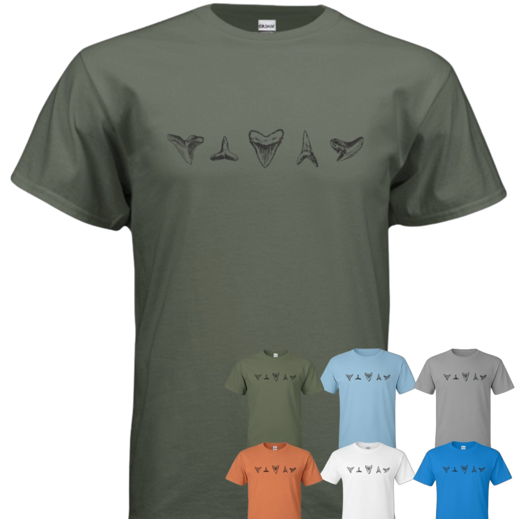 Green t-shirt with shark tooth design and additional shirts in various colors on a white background