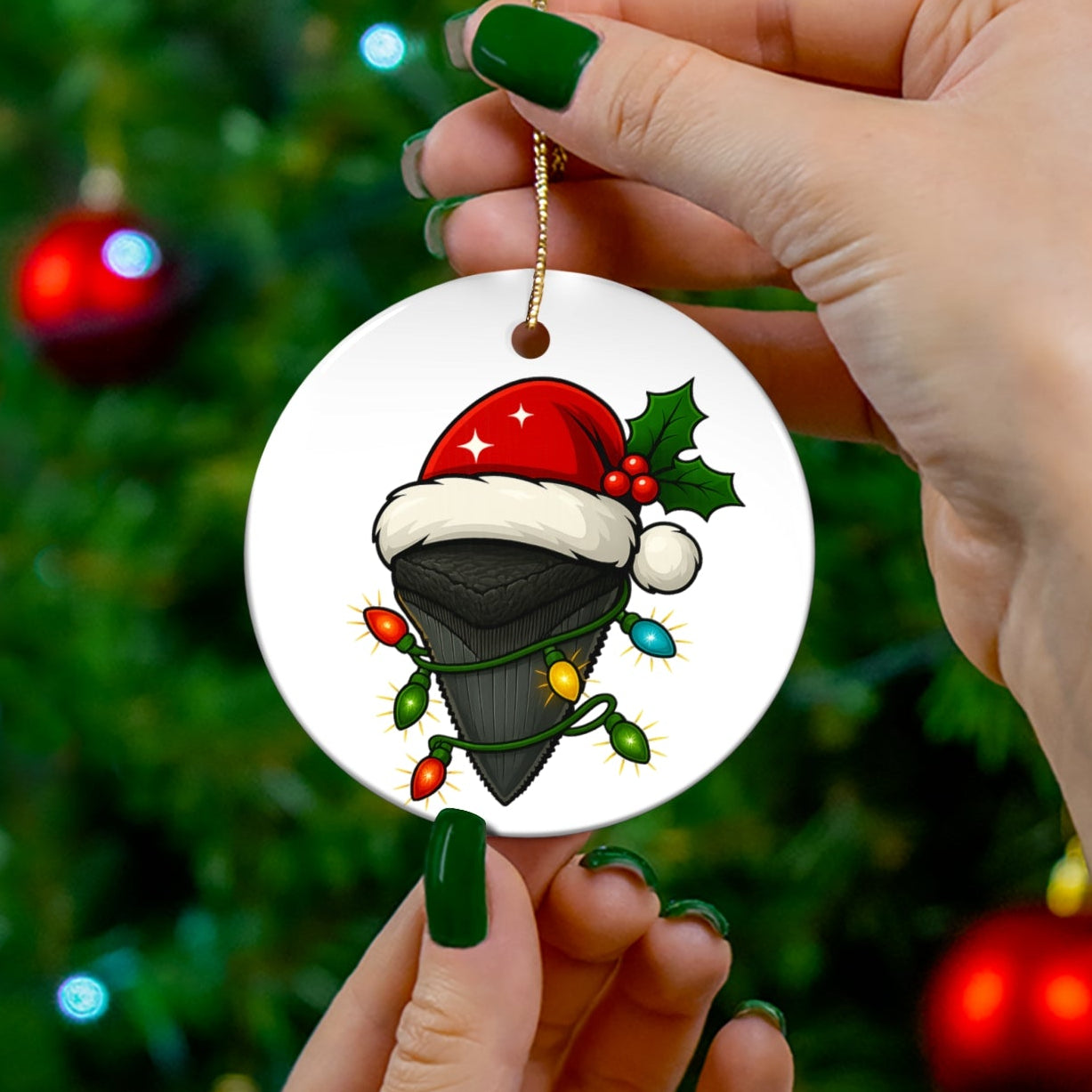 Ornament - Megalodon Shark Tooth with Santa Hat, Fossil ornament