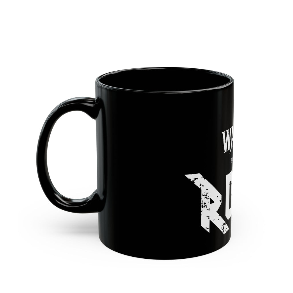 I WANNA (find a cool) ROCK  -  black ceramic mug gift for rock lovers, geologists and those who rock!
