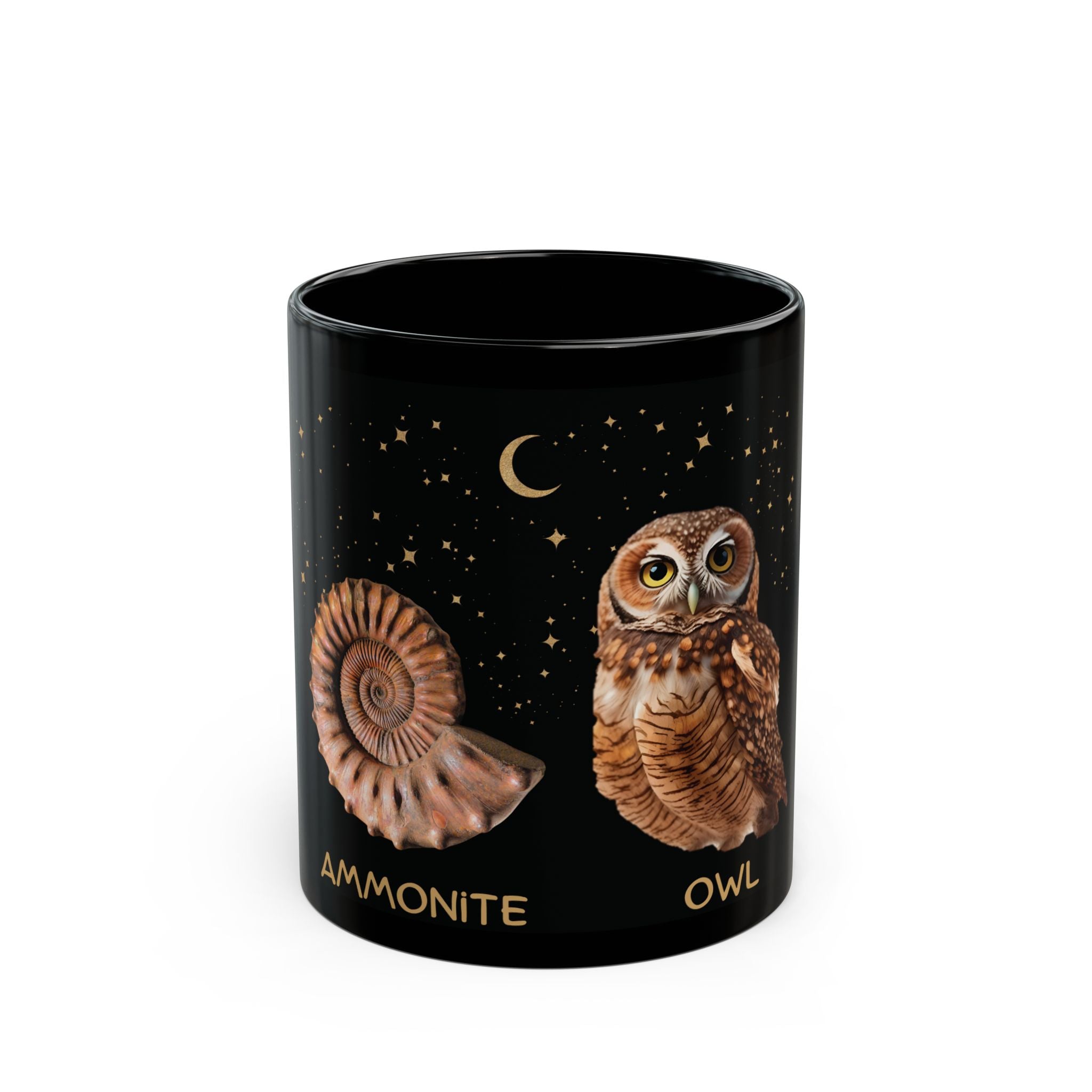 Ammonite Owl  - (get it? I'm a night owl!) Black Cosmic Ceramic Cup, Unique Gift for Fossil lovers, Astronomy, Owl, Coffee or Tea Mug
