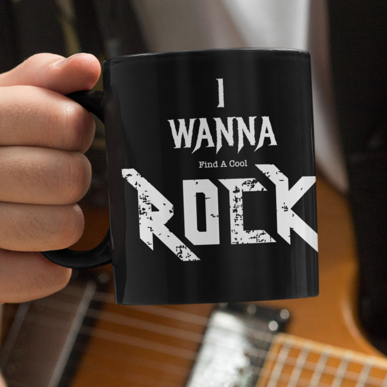 I WANNA (find a cool) ROCK  -  black ceramic mug gift for rock lovers, geologists and those who rock!