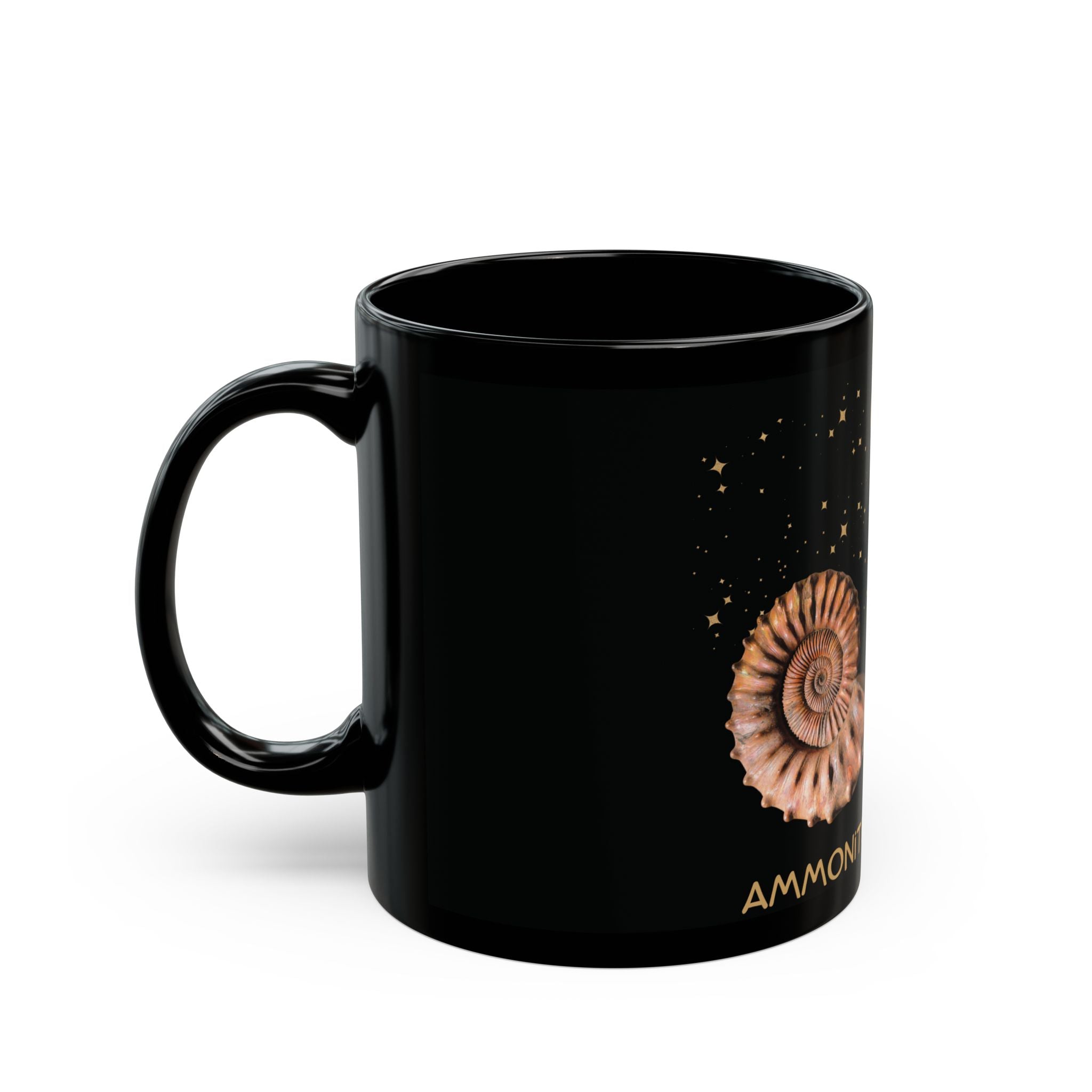 Ammonite Owl  - (get it? I'm a night owl!) Black Cosmic Ceramic Cup, Unique Gift for Fossil lovers, Astronomy, Owl, Coffee or Tea Mug