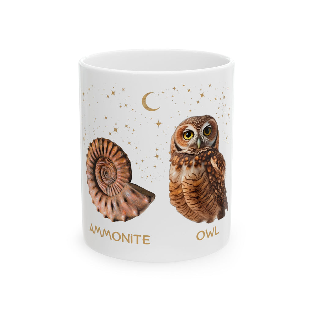 Ammonite Owl (Get it??) White Ceramic Mug -  Fossil Nature Lover Coffee Enthusiast