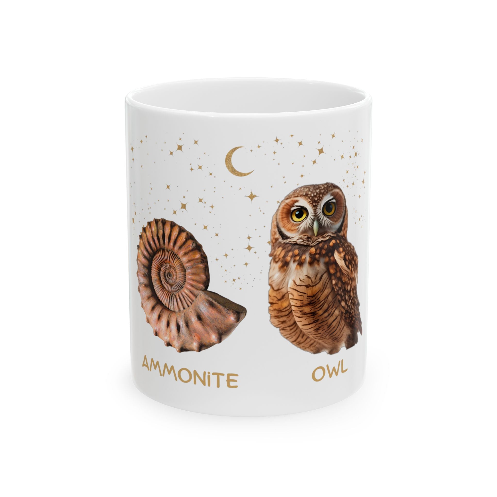 Ammonite Owl (Get it??) White Ceramic Mug -  Fossil Nature Lover Coffee Enthusiast