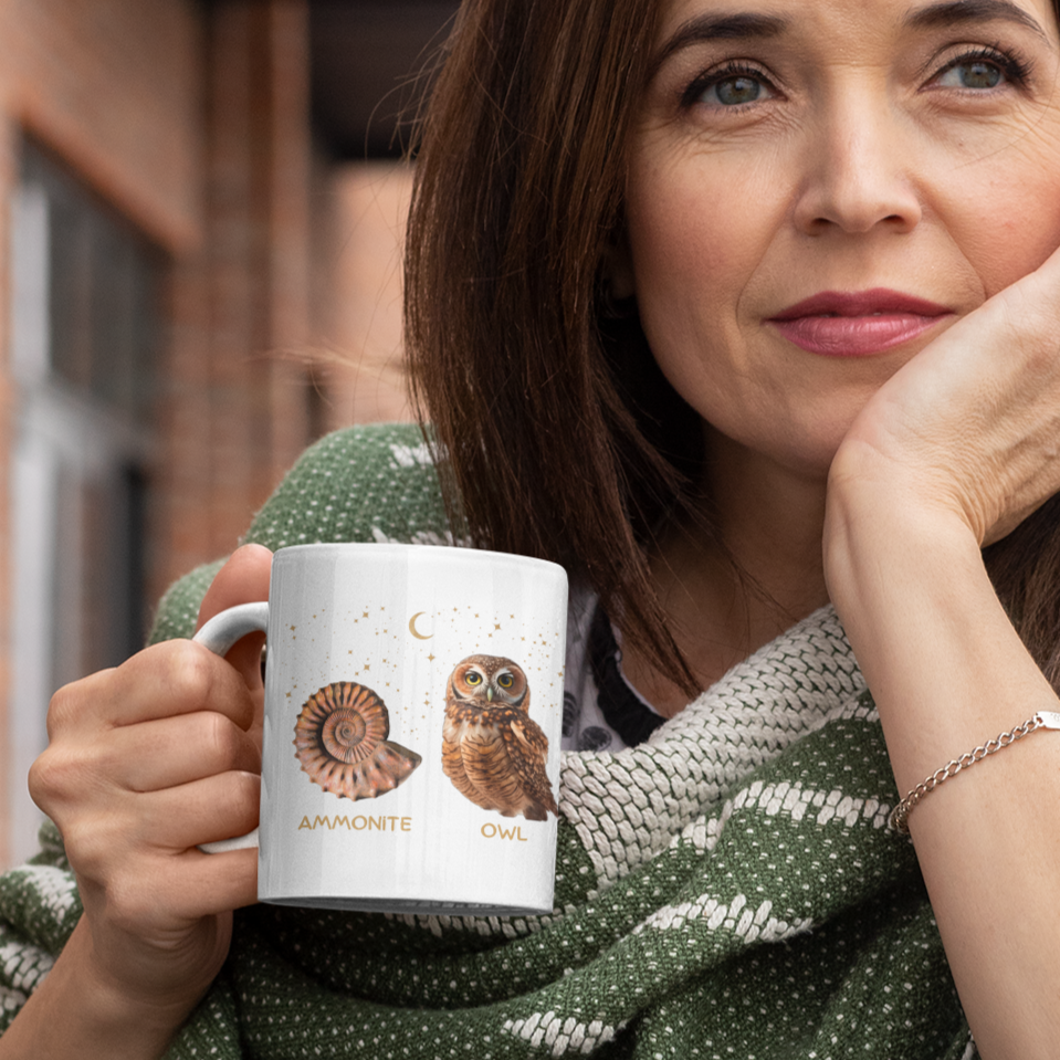 Ammonite Owl (Get it??) White Ceramic Mug -  Fossil Nature Lover Coffee Enthusiast